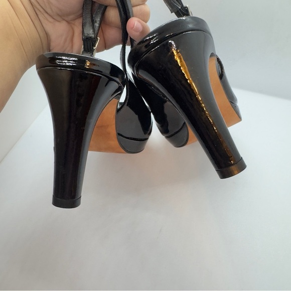 Stuwart Weitzman Slingback Peeptoe Black Patent Leather Heels Size 8M - Picture 9 of 16